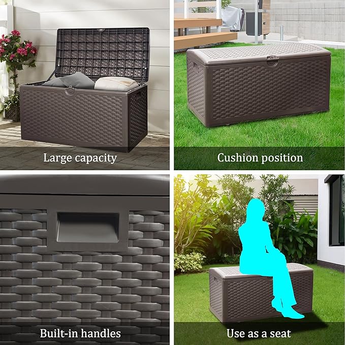 80 Plus Gallon Outdoor Storage Box, Waterproof Resin Deck Box Outdoor Storage Bin for Patio, Poolside, and Garden, Lockable & UV-Resistant, Ideal for Small Spaces, Brown-Ruum Studio Home