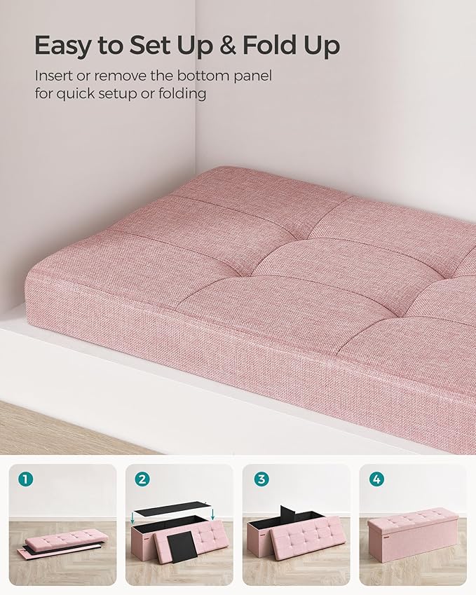 SONGMICS MAZIE Collection - 43 Inches Folding Storage Ottoman Bench, Ottoman Foot Rest, End of Bed Bench, Storage Chest, Load 660 lb, for Living Room, Bedroom, Entryway, Jelly Pink ULSF077R11-Ruum Studio Home