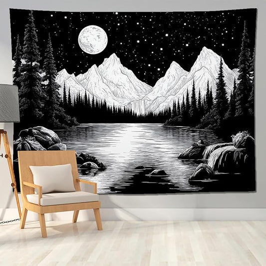 keowhsf Starry Night Mountain Lake Tapestry Black and White Tapestries Aesthetic Moon and Stars Wall Hanging Dark Nature Forest Tapestry for Bedroom Living Room Dorm Decor-Ruum Studio Home