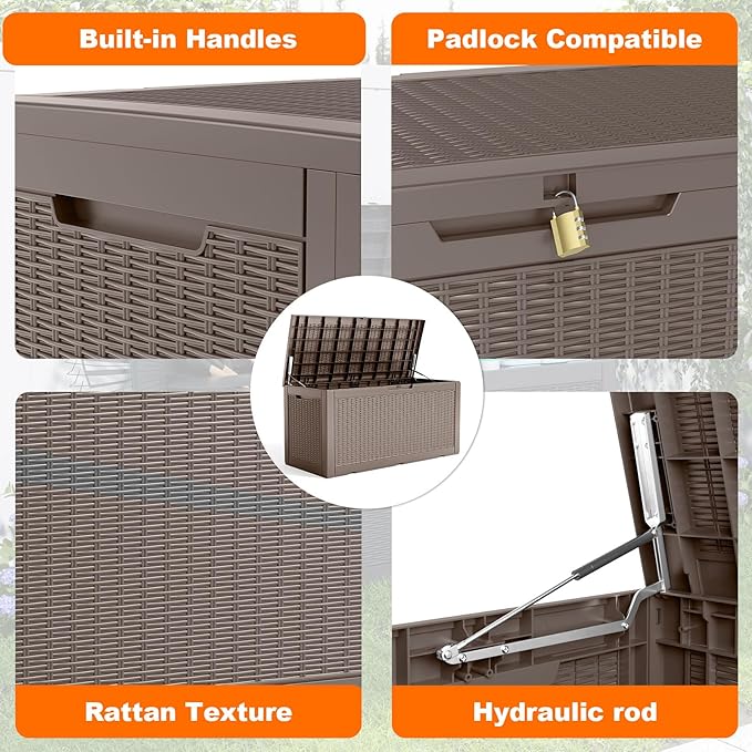 100 Gallon Resin Deck Box, Lockable Patio Outdoor Storage Box for Furniture, Garden Tools and Tools Storage, Waterproof Outside Storage Boxes - Grey-Ruum Studio Home