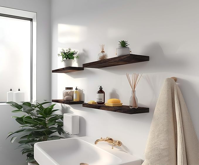 Wood Floating Shelves for Wall Decor, Rustic Wall Shelves for Bedroom Bathroom Kitchen Living Room, Set of 6 Walnut-Ruum Studio Home