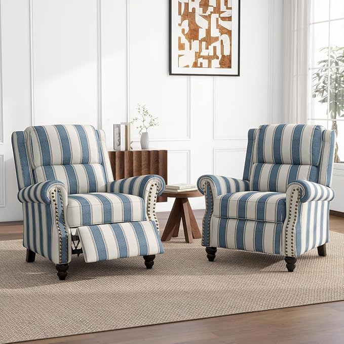 UIXE Pushback Recliner Chairs Set of 2, Fabric Overstuffed Armchair Push Back Accent Chair for Living Room, Rivet Trim Club Chair Home Theater Bedroom Side Reading Seats - Strip Navy-Ruum Studio Home