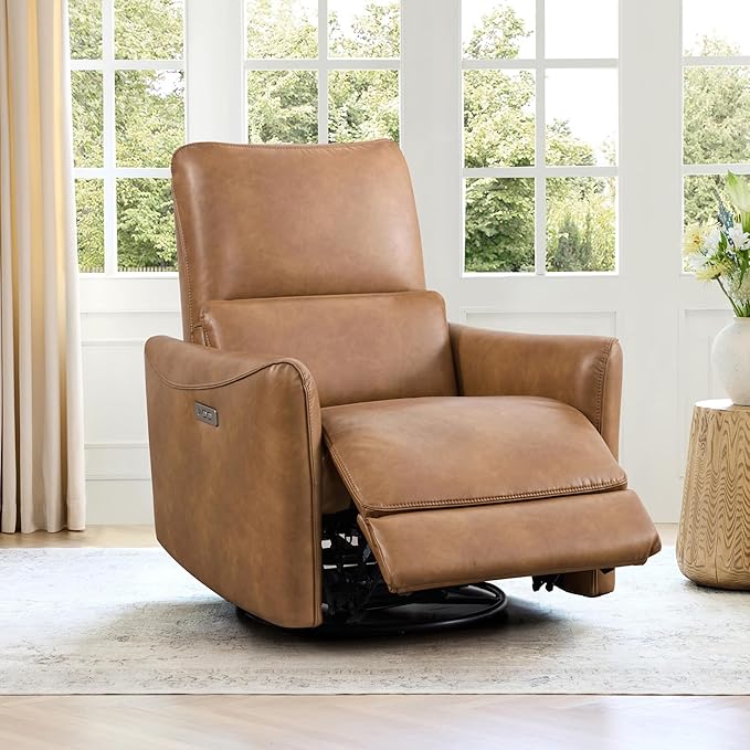 CHITA Power Recliner Chair Swivel Glider, FSC Certified Upholstered Faux Leather Living Room Nursery Reclining Sofa Chair with Lumbar Support, Cognac Brown-Ruum Studio Home