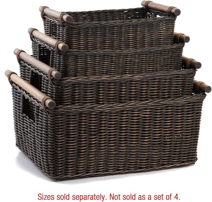 The Basket Lady Pole Handle Wicker Storage Basket, Small, 14 in L x 10 in W x 7.5 in H, Antique Walnut Brown-Ruum Studio Home