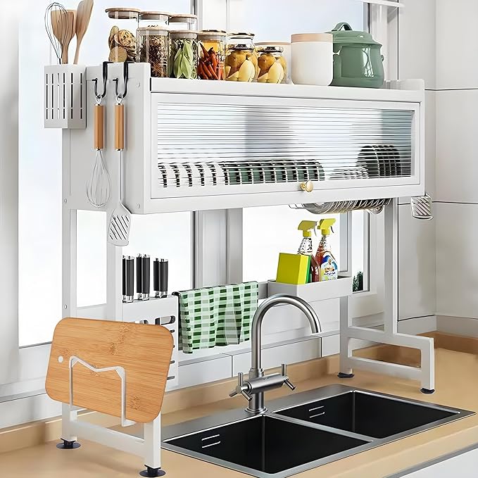 Dish Drying Rack, 3-Tier Over Sink Dish Drying Rack, 33.5" Sink Dish Rack for Small Kitchen, Space-Saving Sink Dish Rack with Cover, Baskets, Utensil, Large Kitchen Storage Organizer White-Ruum Studio Home