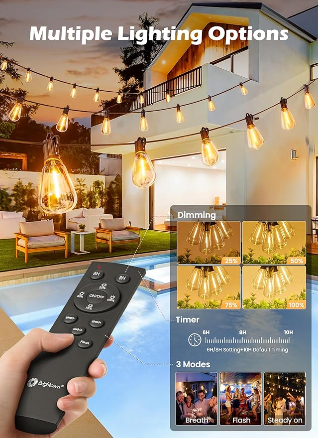 Brightown Outdoor Solar String Lights Waterproof 58FT with 25 Shatterproof ST38 LED Bulbs, 2700K Solar Lights Outdoor with Remote, Solar String Lights for Outside, Camping, Yard, Party Decor-Ruum Studio Home