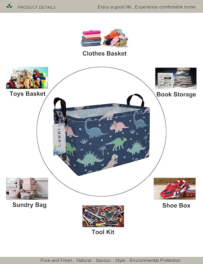 Rectangular waterproof laundry basket,foldable storage basket,laundry Hampers with handle,gift basket,suitable for children's room and toy storage (Blue Dinosaur)-Ruum Studio Home