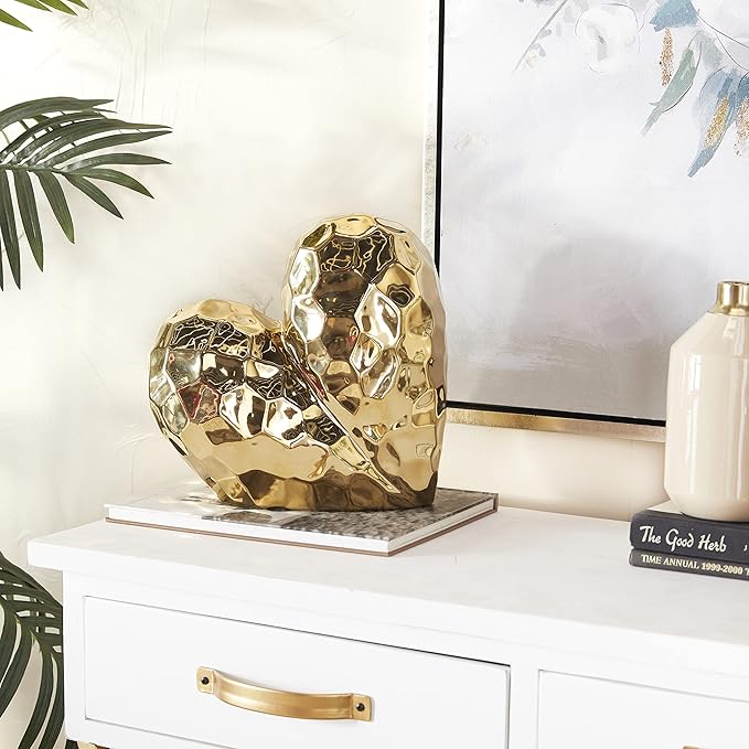 Deco 79 Porcelain Heart Sculpture, 8" x 3" x 8", Gold (Pack of 12)-Ruum Studio Home