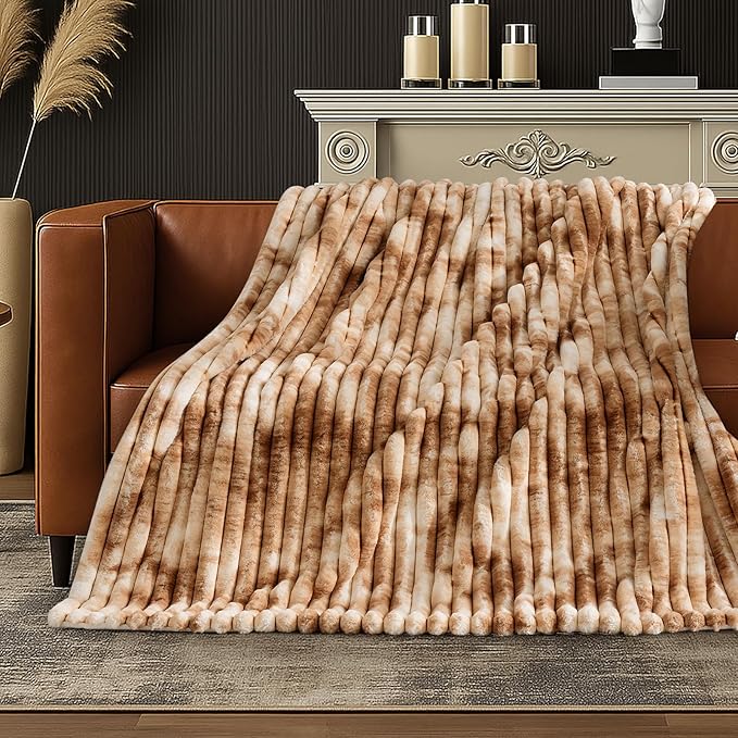 Amélie Home Faux Fur Throw Blanket for Couch, Cozy Fuzzy Fluffy Fur Luxurious Soft Striped Plush Gift Blankets for Family Sofa Chair Bed Living Room Bedroom, 55"x70", Tie-dye Khaki-Ruum Studio Home