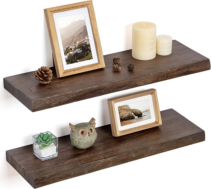 Floating Shelves for Wall Decor, Rustic Solid Elm Wood Live Edge Floating Shelves Wall Mounted, Wall Shelves with Invisible Bracket for Living Room Bathroom Bedroom Kitchen, 24 Inch Set of 2, Walnut-Ruum Studio Home