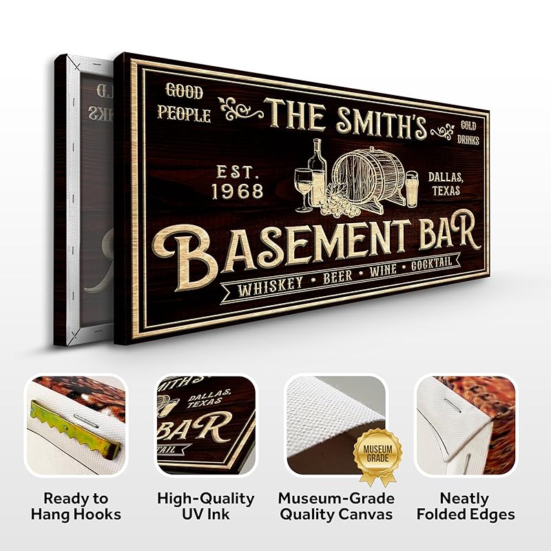 Tailored Canvases Custom Bar Sign - Personalized Basement Bar Decor, Lounge Canvas Wall Art for Man Cave, Kitchen, Pub & Diner, Rustic Home Bar Sign, Ready-to-Hang, Unique Printable Art-Ruum Studio Home