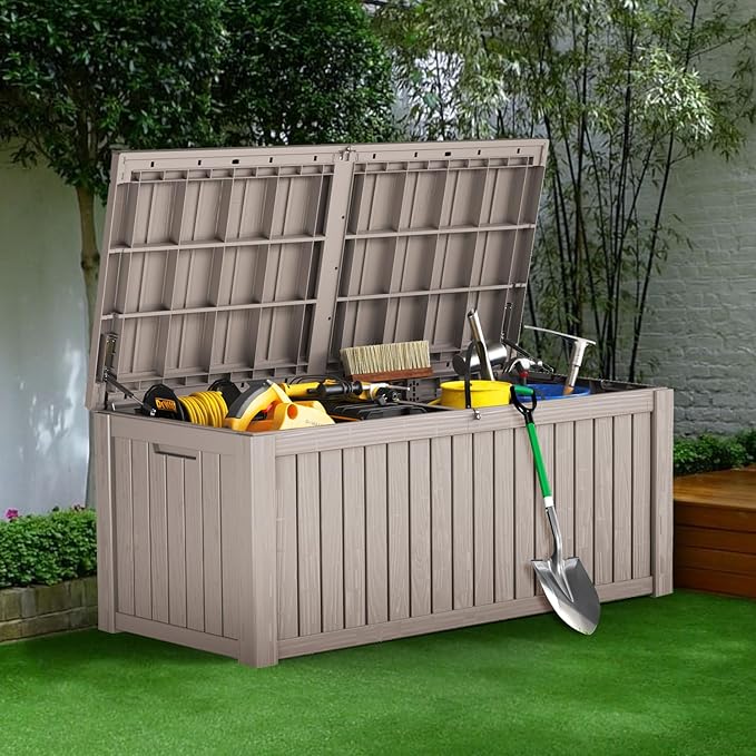 152 Gallon Deck Box Waterproof, UV Resistant Resin Outdoor Storage Box with Hydraulic Rod, Lockable Design and Enhanced Durability for Patio, Garden, and Poolside Use-Ruum Studio Home