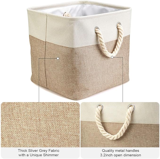 i BKGOO 3Pack Large Foldable Storage Bins，Collapsible Sturdy Cationic Fabric Organizing Storage Basket Cube with Cotton Handles for Home Office Shelf Clothes Toys White-Khaki 13×13×13 inch-Ruum Studio Home
