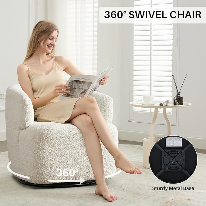 Swivel Accent Chair, Sherpa Teddy Barrel Chair for Living Room, Cozy Round Boucle Arm Chair, Metal Base for Club Nursery Bedroom, White-Ruum Studio Home