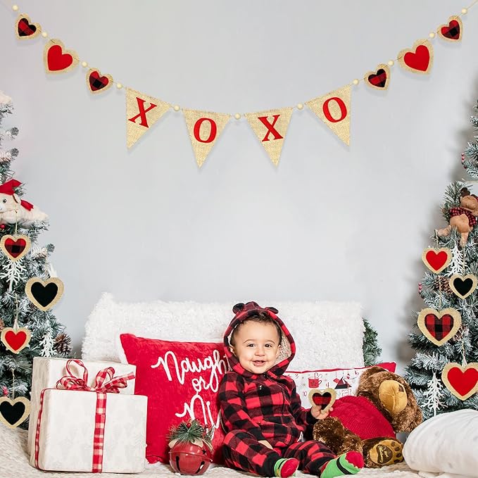 Valentine’s Day Party Decorations Felt XOXO Sign Triangle Pennant Banner Flag Buffalo Plaid Red Black Heart Burlap Garland with Wood Beaded for Wedding Birthday Valentine’s Day Party Supplies-Ruum Studio Home