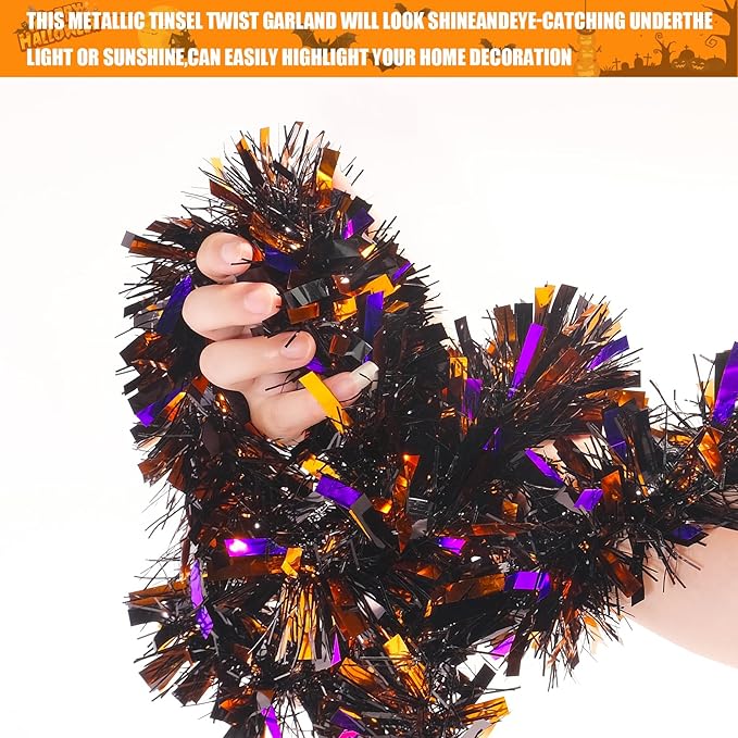 SAOROPEB 4 Pieces 26.4 Ft Halloween Tinsel Garland Metallic Shiny Twist Garland Hanging Decorations for Halloween Party Indoor and Outdoor Decor - Black Orange and Purple-Ruum Studio Home