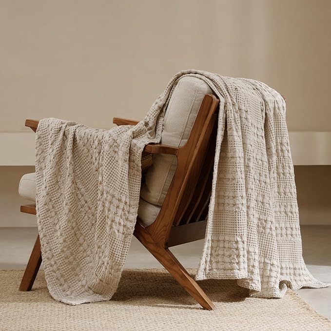 PHF 100% Cotton Waffle Weave Throw Blanket, Soft Lightweight Breathable Cozy Summer Throws for Couch Bed Sofa, Luxury Aesthetic Woven Blanket for Home Decor & Office, 50"x60", Oatmeal-Ruum Studio Home