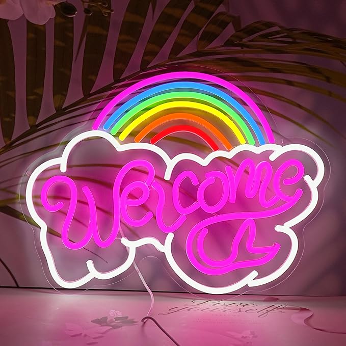 LISIGNVE Rainbow Welcome Neon Sign Cloud Light Up Sign Welcome Led Sign Rainbow Neon Light with USB for Bedroom Wedding Party School Business Wall Decor (16.5”*12.6”)-Ruum Studio Home