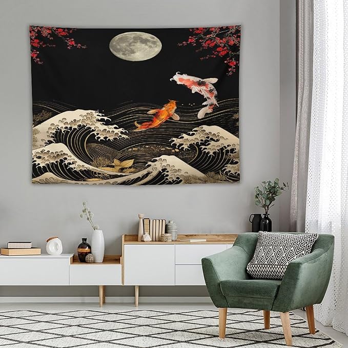 Houselerax Koi Fish Tapestry, Japanese Style Yin Yang Big Wave Cherry Blossom Tapestries Wall Hanging for Bedroom Living Room Office Decor 80"x60"-Ruum Studio Home
