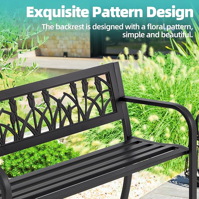 AVAWING Outdoor Bench, 2-Person Garden Benches for Outside, Metal Frame Patio Seating with Floral Pattern Backrest, Armrests for Lawn, Park, Porch, Entryway, Black-Ruum Studio Home