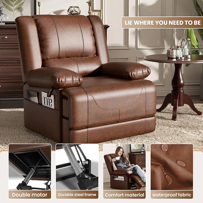 Large Dual Motor Power Lift Recliner Chair with Massage and Heat for Elderly People, Infinite Position,USB Ports and Remote Control,Breathable Leather (Red Brown)-Ruum Studio Home