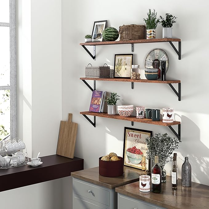Heimlove Floating Shelves for Wall, 36 Inch Long Wood Floating Bookshelf Set of 3, Wall Mounted Hanging Shelf for Bathroom Bedroom Kitchen, Rustic Brown-Ruum Studio Home