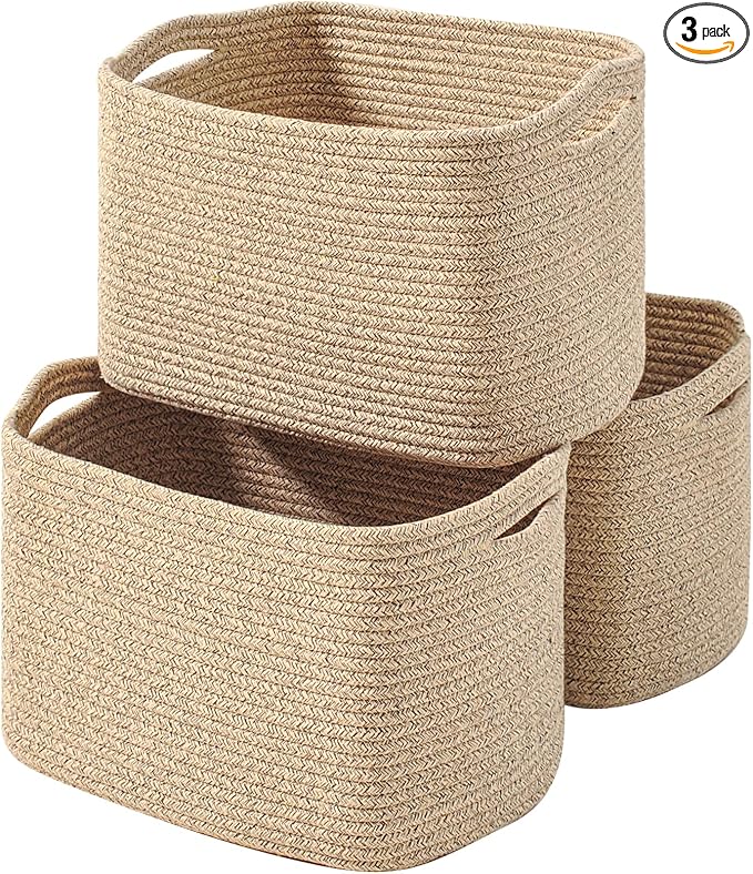 Decorative Storage Baskets for Organizing Shelves, Toy Basket for Nursery, Woven Cotton Rope Baskets for Decor, Towel Basket for Bathroom, 15"x11"x9.5", 3 Packs, Brown-Ruum Studio Home