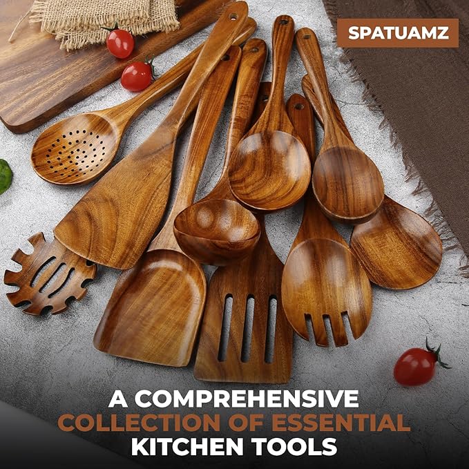 SPATUAMZ Teak Wood Spoons for Cooking, Elegant Wooden Cooking Set of 10, Excellent Kitchen Cooking Utensils Set for Home-Ruum Studio Home