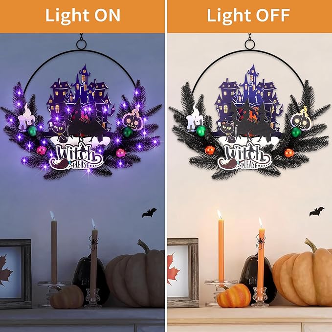 Lighted Halloween Wreaths for Front Door, Welcome Metal Wooden Door Wreath Decor Hanging Sign, 30 LED Lighted Wall Decor Battery Operated for Halloween Indoor Outdoor (Witch)-Ruum Studio Home