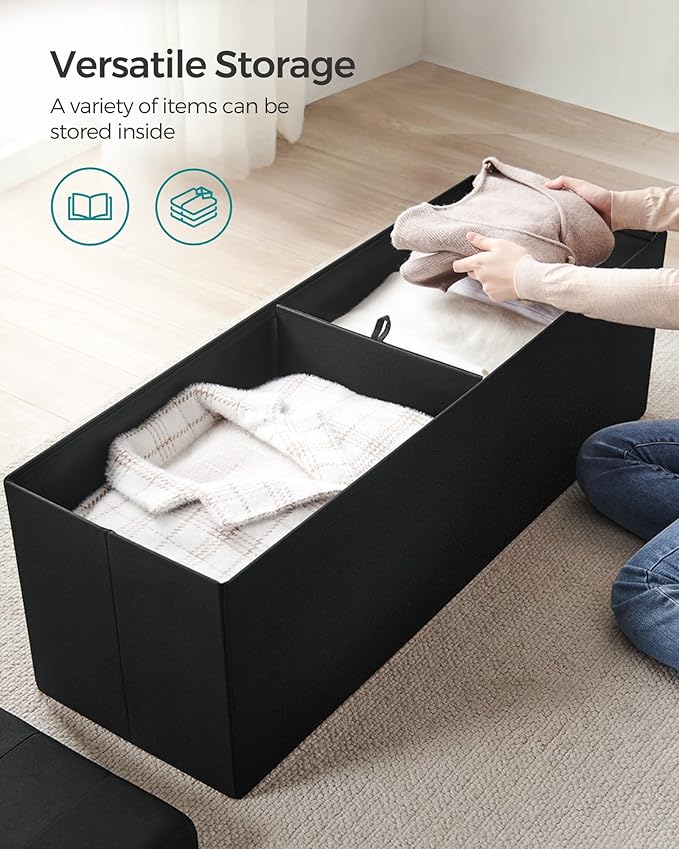 SONGMICS MAZIE Collection - 43 Inches Folding Storage Ottoman Bench, Ottoman Foot Rest, End of Bed Bench, Storage Chest, Load 660 lb, for Living Room, Bedroom, Entryway, Ink Black ULSF077B01-Ruum Studio Home