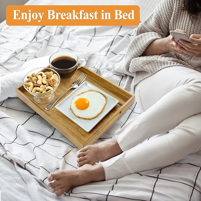 3 Pack Acacia Wood Serving Tray with Handles, Decorative Serving Trays Platter for Breakfast in Bed, Lunch, Dinner, Patio, Ottoman, Coffee Table, BBQ, Party, Great for Lap &Couch (Set of 3)-Ruum Studio Home