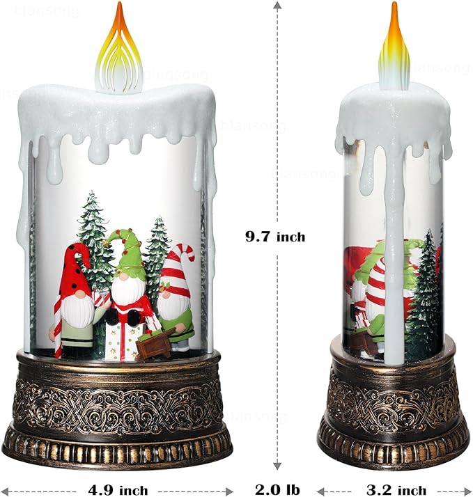 Gnome Snow Globe Candle Christmas Decorations Gifts Auto Snowfall Glitter Music Collection with 6H Timer USB/Battery Powered 9.7 inch-Ruum Studio Home