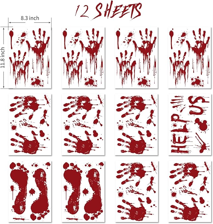 Halloween Window Clings Decorations, Bloody Handprint and Footprint Stickers, Scary Halloween Party Decor for Windows and Cars, Indoor/Outdoor Use - 12 Sheets-Ruum Studio Home