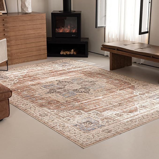 6'x9' Area Rug - Vintage Persian Medallion Design Low-Pile Faux Wool Rug, Non-Slip Backing, Machine Washable, for Living Room, Dining Room, Bedroom (Brick Red)-Ruum Studio Home