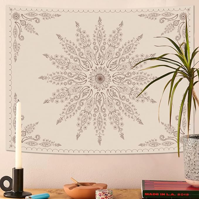 Fowocu Boho Floral Mandala Tapestry for Bedroom Aesthetic Bohemian Flower Wall Tapestry Beige Hippie Indian Small Tapestries Wall Hanging for Living Room Dorm Decor 60 x 44 Inch-Ruum Studio Home