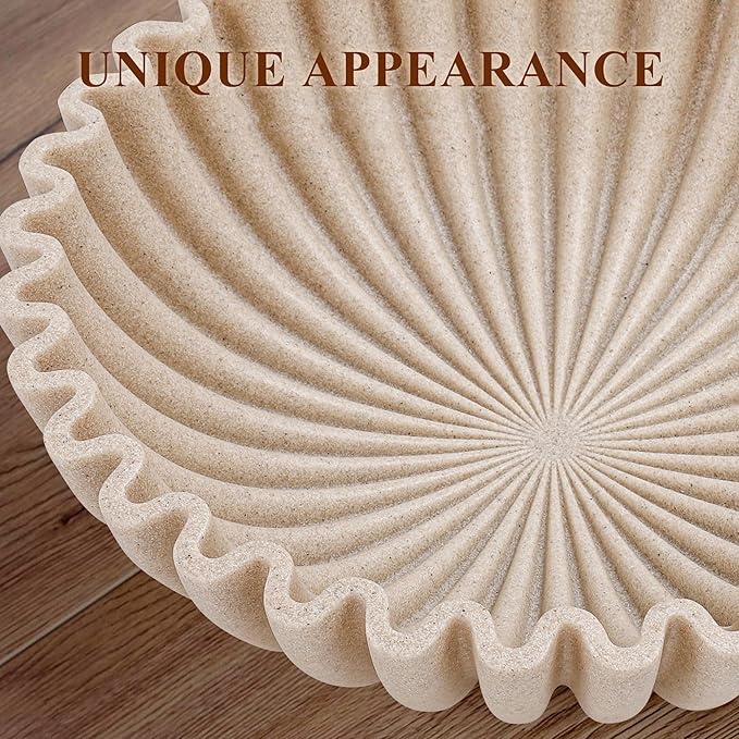 Large Decorative Bowl, Modern Handicraft Bowls for Home Decor, Decorative Fruit Bowl for Kitchen Counter, Ruffle Decor, Stylish Key Bowl for Entry Table, Artificial Stone Beige-Ruum Studio Home