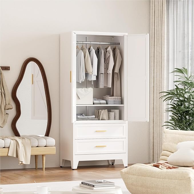 71'' Farmhouse Metal Wardrobe Cabinet with Hanging Rod, 2 Barn Door Wardrobe Closet with Adjustable Shelves,2 Drawer,for Dining Room,Bedroom,Living Room, Cloak Room,Office (White)-Ruum Studio Home