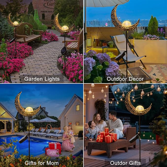 2Pack Moon Garden Solar Lights Outdoor Stakes Waterproof, Gifts for Mom, Crackle Glass Patio, Backyard Decorations, Balcony Lawn Ornaments, for Women Men Grandma (Bronze)-Ruum Studio Home