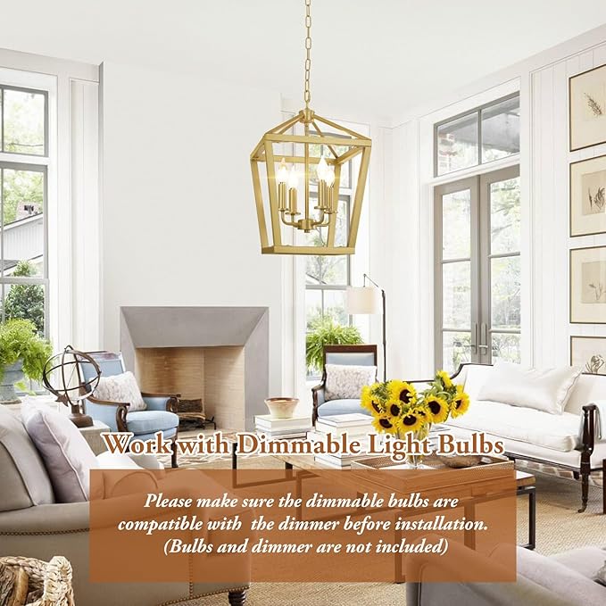 Gold Chandelier 4-Light, Farmhouse Pendant Light Fixture Adjustable Height, Modern Dining Room Light Fixture, Lantern Ceiling Hanging Lighting with Metal Cage for Kitchen Island Entryway Foyer-Ruum Studio Home