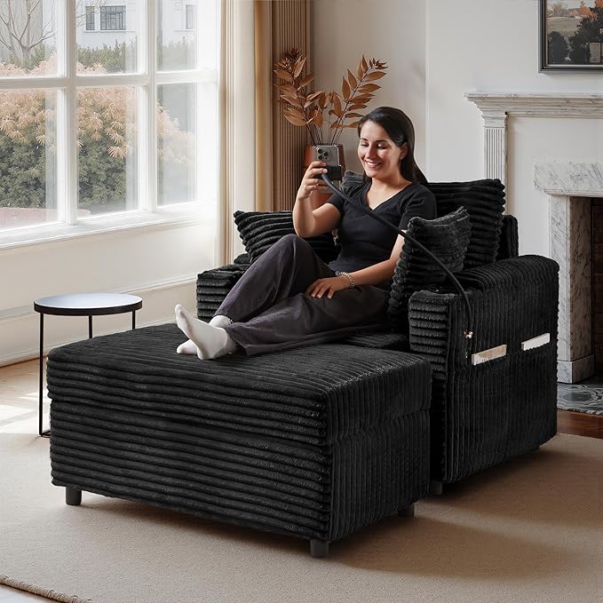 Accent Chair with Storage Ottoman Upholstered Living Room Chairs for Reading Chair with Chaise Lounge Chairs Indoor, Comfortable Armchair for Bedroom-Ruum Studio Home