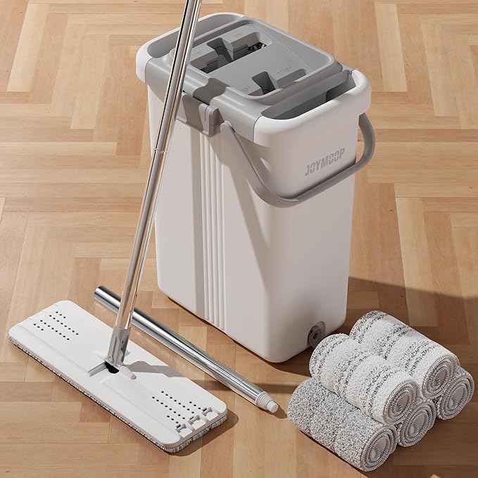JOYMOOP Mop and Bucket with Wringer Set, Flat Squeeze Mop with Bucket (X-Large), Dust Mop for Wall Cleaner with Long Handle, Microfiber Mop - White Bucket with 5 Reusable 15" Pads-Ruum Studio Home