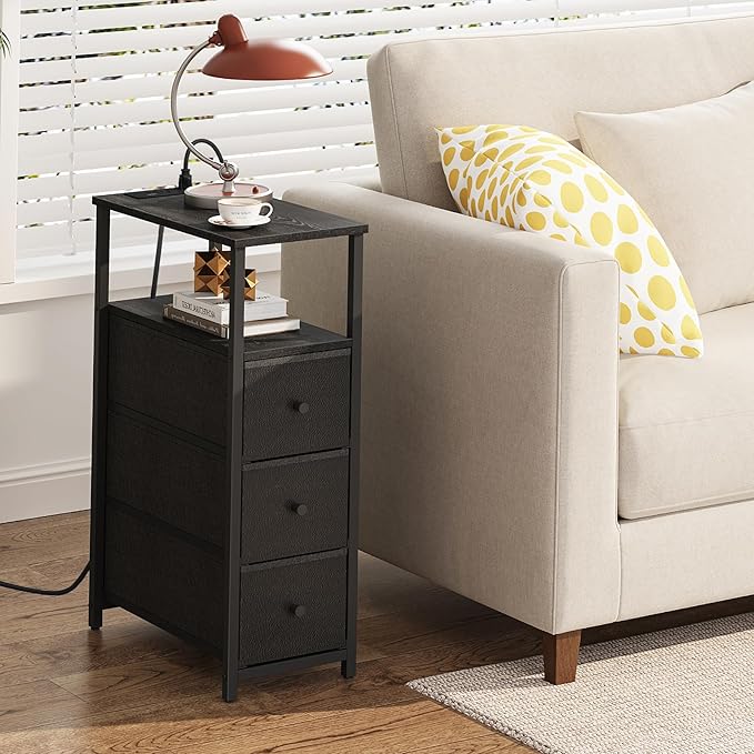 TUTOTAK Narrow Night Stand with Charging Station, Slim End Table with Plugins, Tall Side Table with 3 Fabric Drawer, Small Bedside Table with Storage, Living Room, Bedroom, Black TB01BK086-Ruum Studio Home