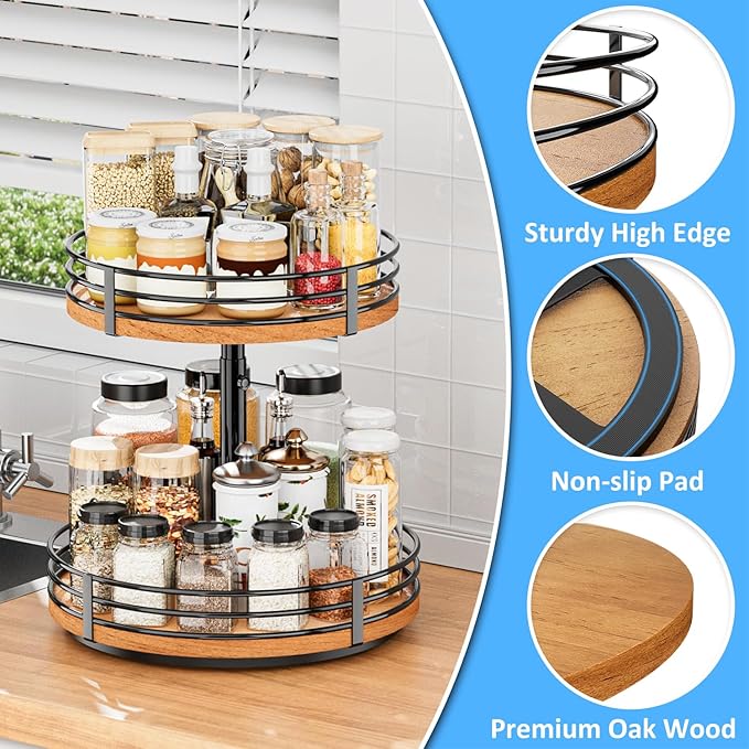 Lazy Susan Turntable Organizer Adjustable - 2 Tier Wood Rotating Spice Rack 12 Inch Lazy Susan for Kitchen Countertop Cabinet Pantry Cupboard Dining Table Bathroom Coffee Bar Home Storage-Ruum Studio Home