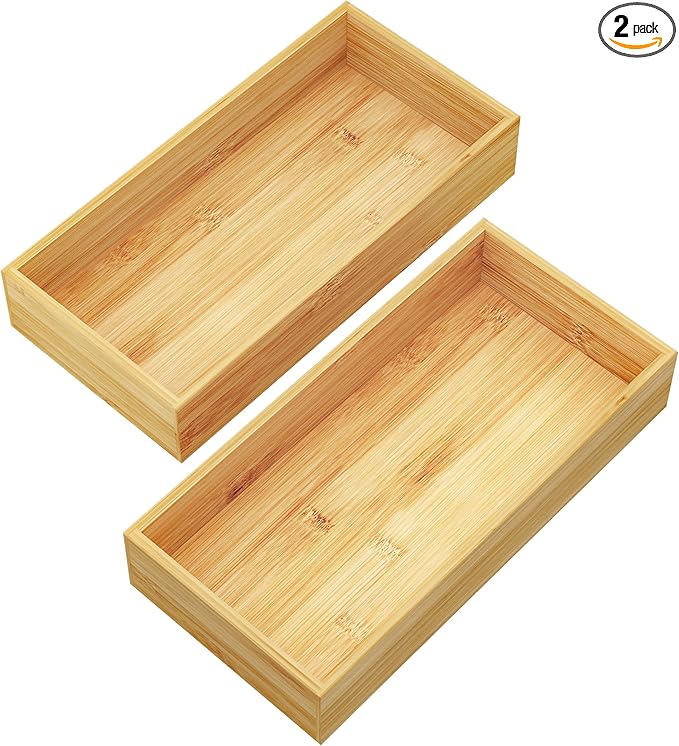 BAMEOS Deep Utensil Drawer Organizer, Bamboo Silverware Organizer for Kitchen Drawer Storage Flatware Junk Cutlery Jewelry 14"x 6.8" Set of 2 (Natural)-Ruum Studio Home
