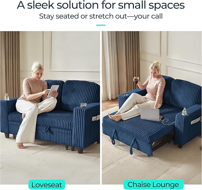 LINSY HOME Loveseat Sofa with Pull Out Couch Chaise: 2-in-1 Convertible 2 Seater Sofa with USB Charging & Cup Holders, Comfy Plush Corduroy Love Seat for Small Spaces Living Room Apartment, Blue-Ruum Studio Home