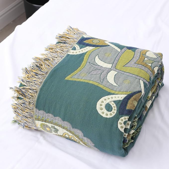 Snycler Boho Throw Blanket for Bed - 100% Cotton Ultra Soft Rustic Quilt - Green Boho Floral Printed Farmhouse Decor Bed Blankets, 80"×90" All Season Rustic Throw for Sofa Couch Chair-Ruum Studio Home
