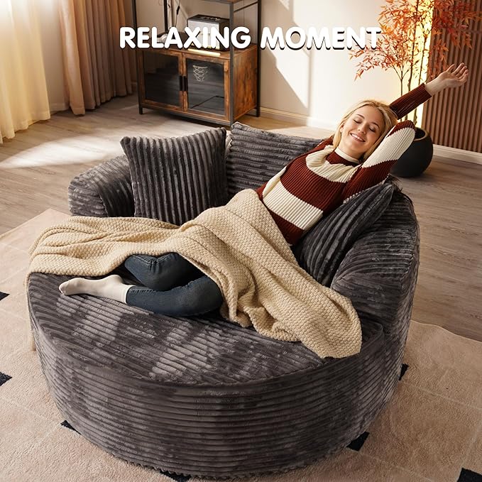 ovios 58" Oversized Round Chair Lounge Chaise Indoor, No Assembly Required, Cloud Large Circle Chair with Plush Fuax Fur, Fluffy Modern Sleeper Sofa Bed for Reading Yoga, Grey (Plush Corduroy Fabric)-Ruum Studio Home