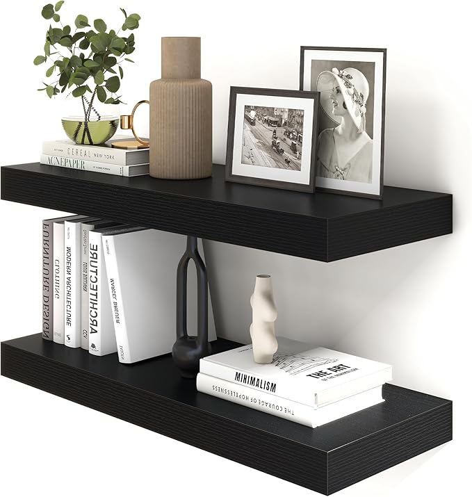 Deep Floating Shelves for Wall | 30W x 12D Black Floating Shelves Set of 2 | 12 Inch Deep Wall Shelves for Living Room Bathroom Laundry Room Bedroom Kitchen Home Office - Black-Ruum Studio Home