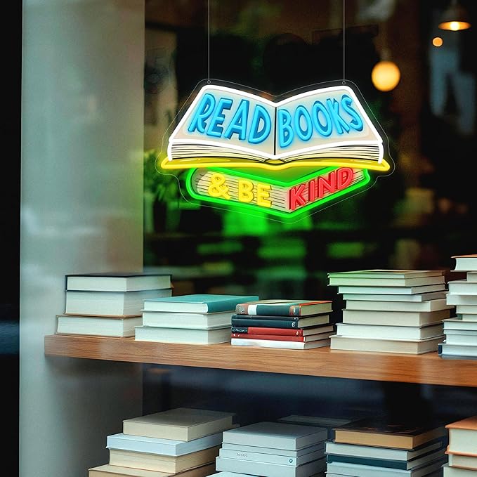 SELICOR Read Books & Be Kind Neon Signs for Wall Decor-Teacher Appreciation Gift,Adjustable LED Book Neon Light Up Sign for Reading Room Study Room Classroom Bookstore Library Museum Cafe Bedroom-Ruum Studio Home