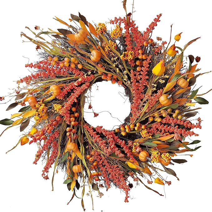 WANNA-CUL 24 inch Fall Wreath Decor for Front Door with Pumpkins, Hawthorn,Grain,Lantern Fruit,Berries,Eucalyptus Leaves, Large Harvest Door Wreath for Autumn or Thanksgiving Decoration-Ruum Studio Home